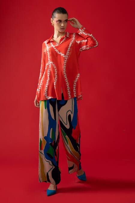 Nautanky Red Chiffon, Neoprene Collared Twilight Abstract Print Shirt With Pant Online at Aza Fashions Nautanky_Red Chiffon, Neoprene Collared Twilight Abstract Print Shirt With Pant _Online_at_Aza_Fashions