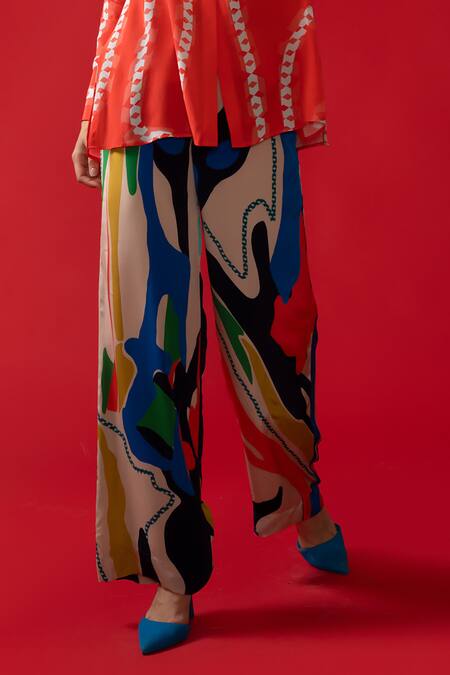 Buy Nautanky Red Chiffon, Neoprene Collared Twilight Abstract Print Shirt With Pant Online at Aza Fashions Buy_Nautanky_Red Chiffon, Neoprene Collared Twilight Abstract Print Shirt With Pant _Online_at_Aza_Fashions