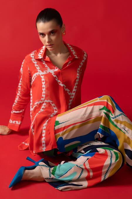 Shop Nautanky Red Chiffon, Neoprene Collared Twilight Abstract Print Shirt With Pant Online at Aza Fashions Shop_Nautanky_Red Chiffon, Neoprene Collared Twilight Abstract Print Shirt With Pant _Online_at_Aza_Fashions