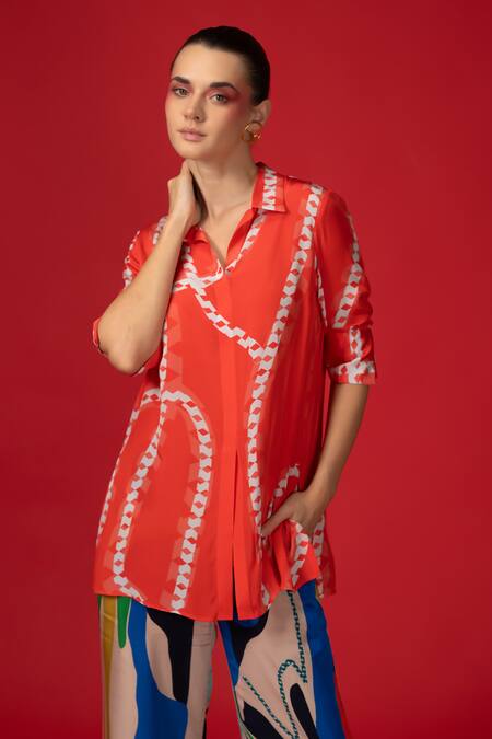 Nautanky Red Chiffon, Neoprene Collared Twilight Abstract Print Shirt With Pant at Aza Fashions Nautanky_Red Chiffon, Neoprene Collared Twilight Abstract Print Shirt With Pant _at_Aza_Fashions