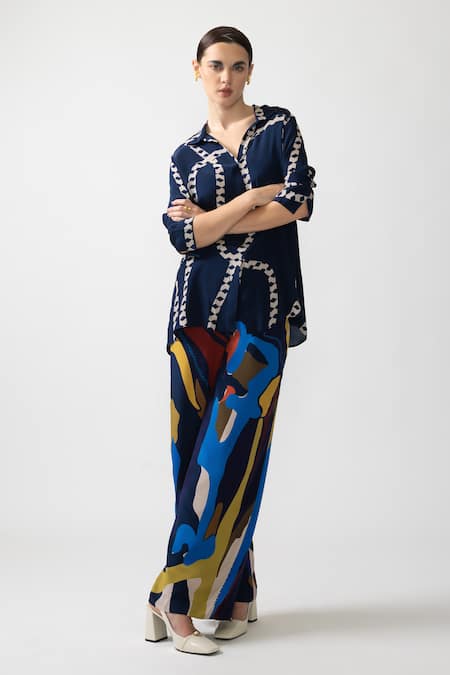 Buy_Nautanky_Blue Chiffon, Neoprene Collared Orb Abstract Print Shirt With Pant _Online_at_Aza_Fashions