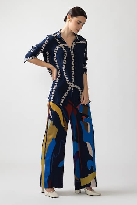 Shop_Nautanky_Blue Chiffon, Neoprene Collared Orb Abstract Print Shirt With Pant _Online_at_Aza_Fashions