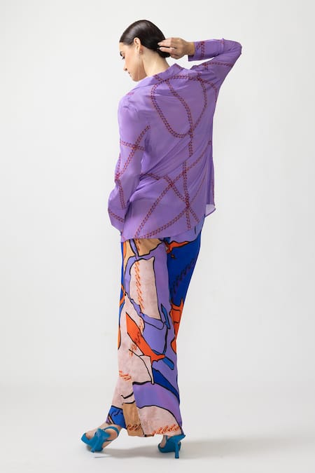 Shop Nautanky Purple Crepe Collared Eon Abstract Print Shirt With Pant at Aza Fashions Shop_Nautanky_Purple Crepe Collared Eon Abstract Print Shirt With Pant _at_Aza_Fashions