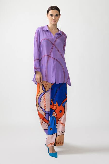 Nautanky Purple Crepe Collared Eon Abstract Print Shirt With Pant Online at Aza Fashions Nautanky_Purple Crepe Collared Eon Abstract Print Shirt With Pant _Online_at_Aza_Fashions