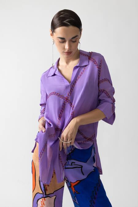 Nautanky Purple Crepe Collared Eon Abstract Print Shirt With Pant at Aza Fashions Nautanky_Purple Crepe Collared Eon Abstract Print Shirt With Pant _at_Aza_Fashions