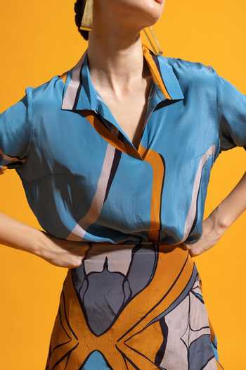 Nautanky_Blue Crepe Collared Nova Abstract Print Shirt With Skort _at_Aza_Fashions