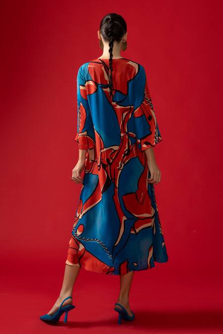 Shop_Nautanky_Red Crepe Round Neck Nexus Abstract Print Midi Dress _at_Aza_Fashions