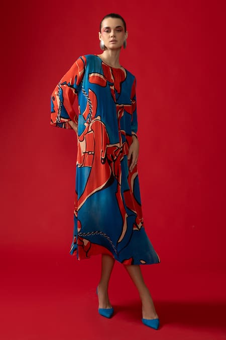Nautanky_Red Crepe Round Neck Nexus Abstract Print Midi Dress _Online_at_Aza_Fashions