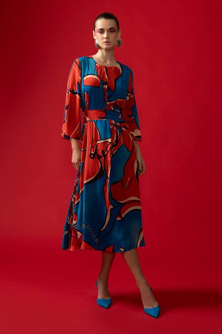 Buy_Nautanky_Red Crepe Round Neck Nexus Abstract Print Midi Dress _Online_at_Aza_Fashions