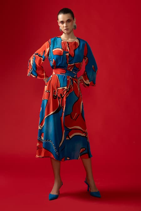 Shop_Nautanky_Red Crepe Round Neck Nexus Abstract Print Midi Dress _Online_at_Aza_Fashions