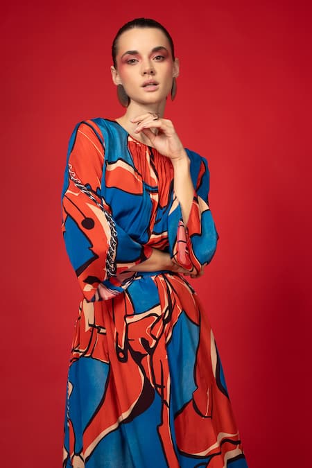 Nautanky_Red Crepe Round Neck Nexus Abstract Print Midi Dress _at_Aza_Fashions