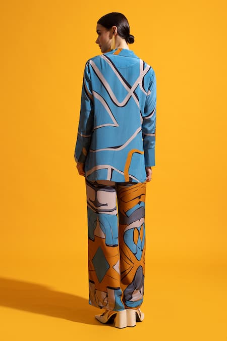 Shop Nautanky Blue Crepe Collared Dusk Abstract Print Shirt With Pant at Aza Fashions Shop_Nautanky_Blue Crepe Collared Dusk Abstract Print Shirt With Pant _at_Aza_Fashions