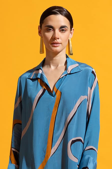 Nautanky Blue Crepe Collared Dusk Abstract Print Shirt With Pant Online at Aza Fashions Nautanky_Blue Crepe Collared Dusk Abstract Print Shirt With Pant _Online_at_Aza_Fashions