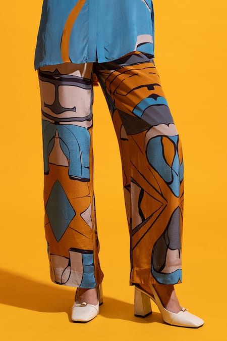 Buy Nautanky Blue Crepe Collared Dusk Abstract Print Shirt With Pant Online at Aza Fashions Buy_Nautanky_Blue Crepe Collared Dusk Abstract Print Shirt With Pant _Online_at_Aza_Fashions