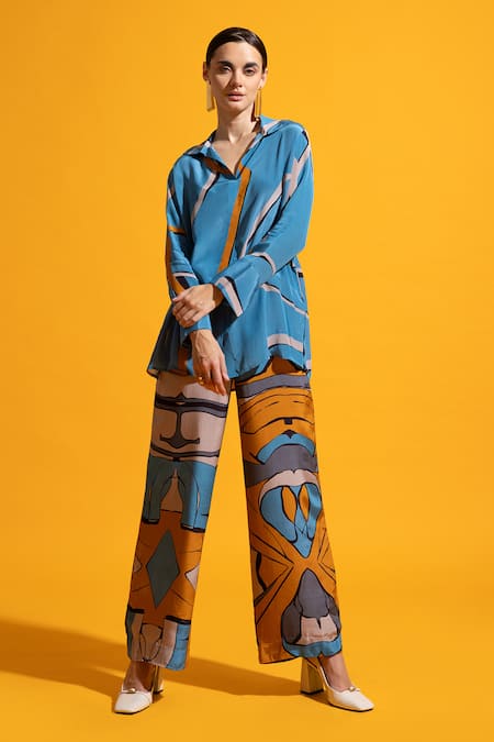 Nautanky Blue Crepe Collared Dusk Abstract Print Shirt With Pant at Aza Fashions Nautanky_Blue Crepe Collared Dusk Abstract Print Shirt With Pant _at_Aza_Fashions