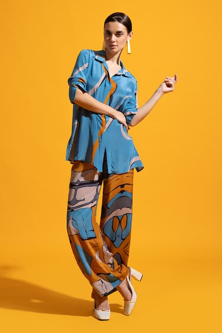 Buy Nautanky Blue Crepe Collared Dusk Abstract Print Shirt With Pant Buy_Nautanky_Blue Crepe Collared Dusk Abstract Print Shirt With Pant