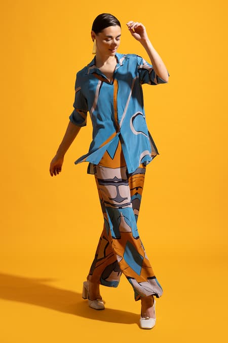 Shop Nautanky Blue Crepe Collared Dusk Abstract Print Shirt With Pant Shop_Nautanky_Blue Crepe Collared Dusk Abstract Print Shirt With Pant