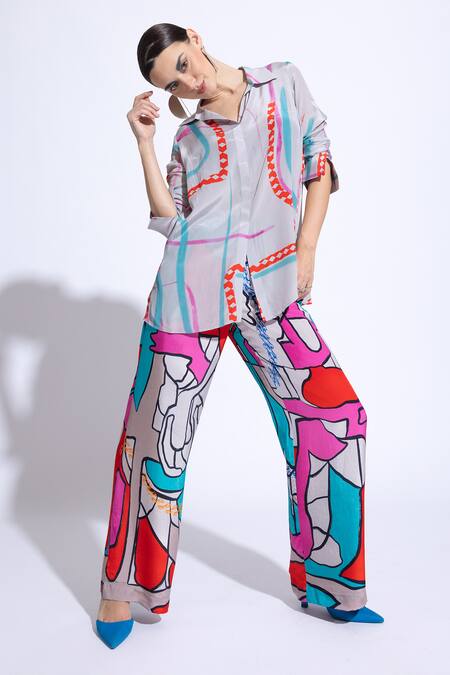 Shop_Nautanky_Grey Crepe Collared Lunar Abstract Print Shirt With Pant 