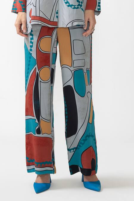 Nautanky Grey Crepe Collared Odyssey Abstract Print Shirt With Pant Online at Aza Fashions Nautanky_Grey Crepe Collared Odyssey Abstract Print Shirt With Pant _Online_at_Aza_Fashions