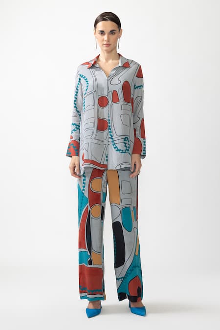 Buy Nautanky Grey Crepe Collared Odyssey Abstract Print Shirt With Pant Online at Aza Fashions Buy_Nautanky_Grey Crepe Collared Odyssey Abstract Print Shirt With Pant _Online_at_Aza_Fashions
