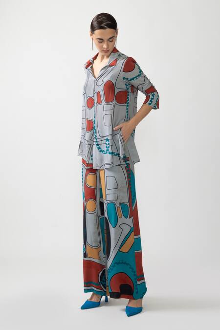 Shop Nautanky Grey Crepe Collared Odyssey Abstract Print Shirt With Pant Online at Aza Fashions Shop_Nautanky_Grey Crepe Collared Odyssey Abstract Print Shirt With Pant _Online_at_Aza_Fashions