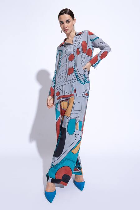 Buy Nautanky Grey Crepe Collared Odyssey Abstract Print Shirt With Pant Buy_Nautanky_Grey Crepe Collared Odyssey Abstract Print Shirt With Pant