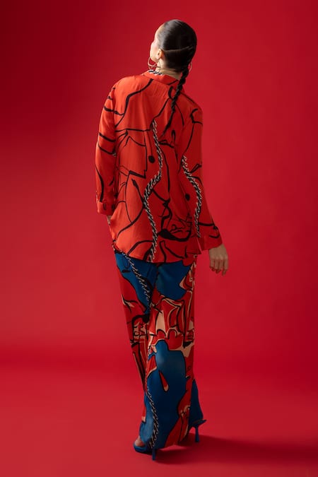 Shop Nautanky Red Crepe Collared Loom Abstract Print Shirt With Pant at Aza Fashions Shop_Nautanky_Red Crepe Collared Loom Abstract Print Shirt With Pant _at_Aza_Fashions