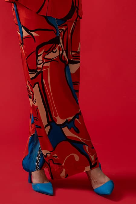 Nautanky Red Crepe Collared Loom Abstract Print Shirt With Pant Online at Aza Fashions Nautanky_Red Crepe Collared Loom Abstract Print Shirt With Pant _Online_at_Aza_Fashions