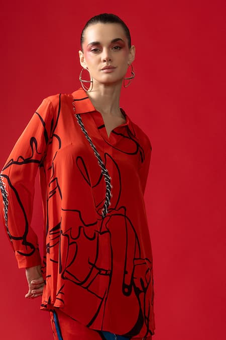 Buy Nautanky Red Crepe Collared Loom Abstract Print Shirt With Pant Online at Aza Fashions Buy_Nautanky_Red Crepe Collared Loom Abstract Print Shirt With Pant _Online_at_Aza_Fashions
