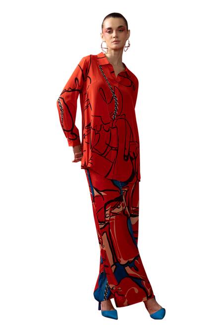 Shop Nautanky Red Crepe Collared Loom Abstract Print Shirt With Pant Online at Aza Fashions Shop_Nautanky_Red Crepe Collared Loom Abstract Print Shirt With Pant _Online_at_Aza_Fashions