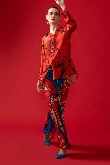 Nautanky Red Crepe Collared Loom Abstract Print Shirt With Pant at Aza Fashions Nautanky_Red Crepe Collared Loom Abstract Print Shirt With Pant _at_Aza_Fashions
