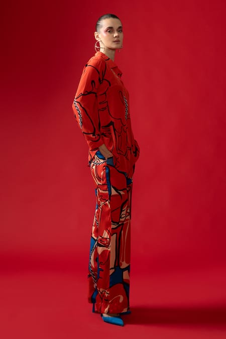 Buy Nautanky Red Crepe Collared Loom Abstract Print Shirt With Pant Buy_Nautanky_Red Crepe Collared Loom Abstract Print Shirt With Pant