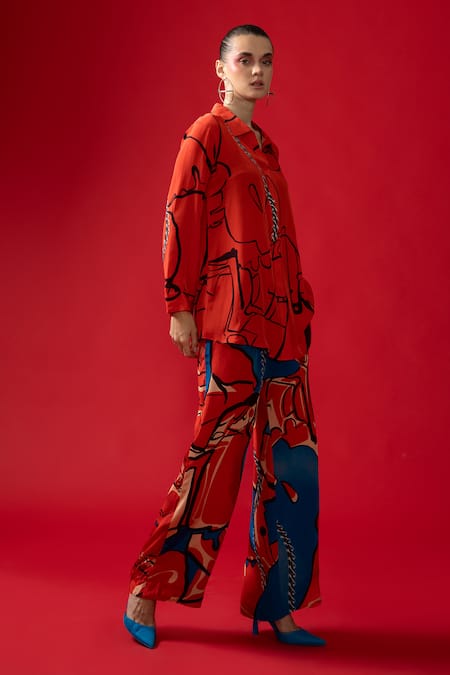 Shop Nautanky Red Crepe Collared Loom Abstract Print Shirt With Pant Shop_Nautanky_Red Crepe Collared Loom Abstract Print Shirt With Pant