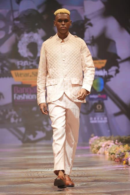 Shop_Rahul Singh_Peach Chanderi Silk Woven Floral Quilted Bandhgala Set _at_Aza_Fashions