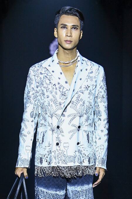 Buy_Rahul Singh_White Linen Embroidery Kantha Stitchline Thread Jacket And Shorts Set _Online_at_Aza_Fashions