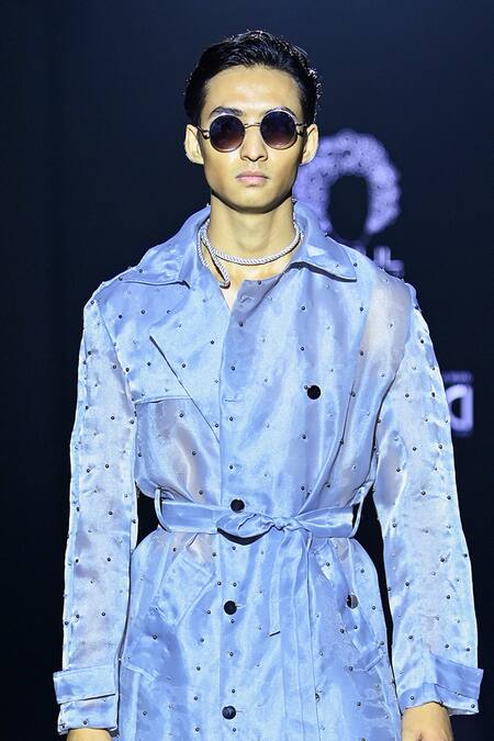 Rahul Singh_Grey Organza, Linen Beads Embroidered Overcoat Set _Online_at_Aza_Fashions