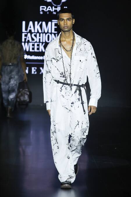 Rahul Singh_White Linen Shibori Tie Dye Pattern Jumpsuit _Online_at_Aza_Fashions