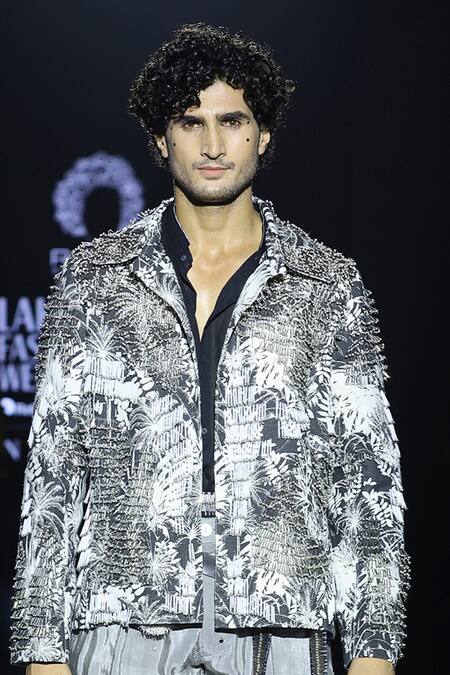 Rahul Singh_Grey Linen Beads, Cut Work Cutdana Embellished Jacket Set _Online_at_Aza_Fashions