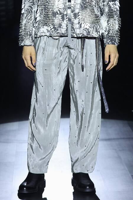 Buy_Rahul Singh_Grey Linen Beads, Cut Work Cutdana Embellished Jacket Set _Online_at_Aza_Fashions