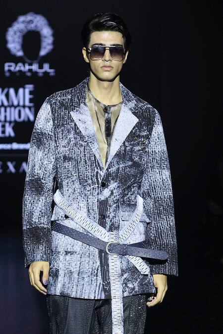 Rahul Singh_Black Organza Stripe Pattern Safari Jacket Set _Online_at_Aza_Fashions