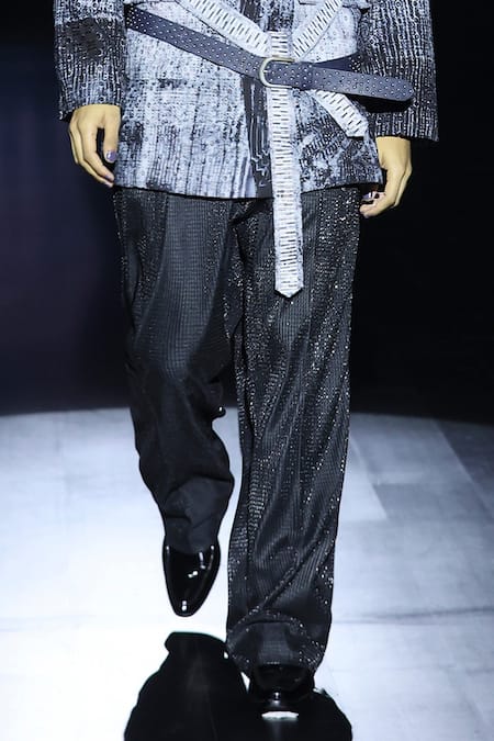 Buy_Rahul Singh_Black Organza Stripe Pattern Safari Jacket Set _Online_at_Aza_Fashions