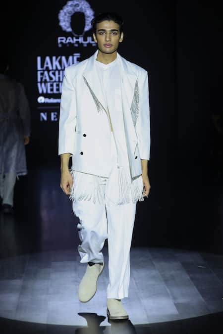 Shop_Rahul Singh_White Linen Embellished Tassel Fringe Blazer Set _at_Aza_Fashions