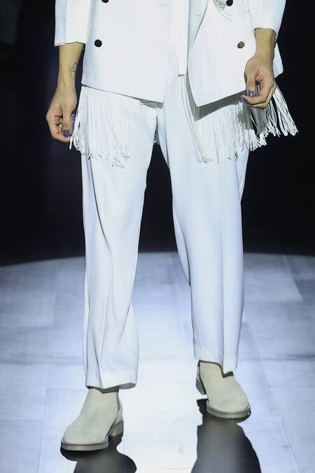 Buy_Rahul Singh_White Linen Embellished Tassel Fringe Blazer Set _Online_at_Aza_Fashions