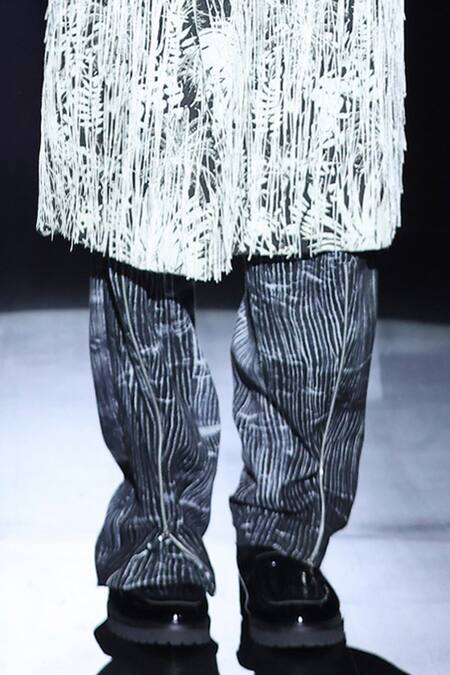 Rahul Singh_Black Linen Fringe Shibori Tie Dye Pattern Overcoat Set _Online_at_Aza_Fashions