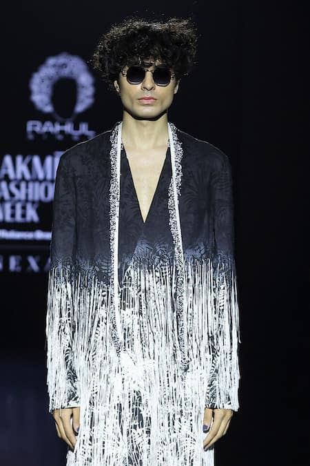 Buy_Rahul Singh_Black Linen Fringe Shibori Tie Dye Pattern Overcoat Set _Online_at_Aza_Fashions