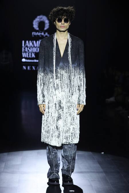 Shop_Rahul Singh_Black Linen Fringe Shibori Tie Dye Pattern Overcoat Set _Online_at_Aza_Fashions