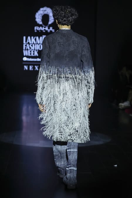 Rahul Singh_Black Linen Fringe Shibori Tie Dye Pattern Overcoat Set _at_Aza_Fashions