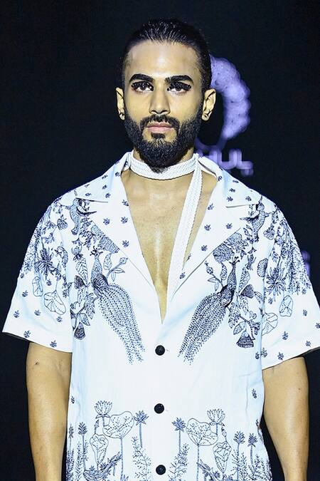 Buy_Rahul Singh_White Linen Embroidery Botanical Shirt And Trouser Set _Online_at_Aza_Fashions