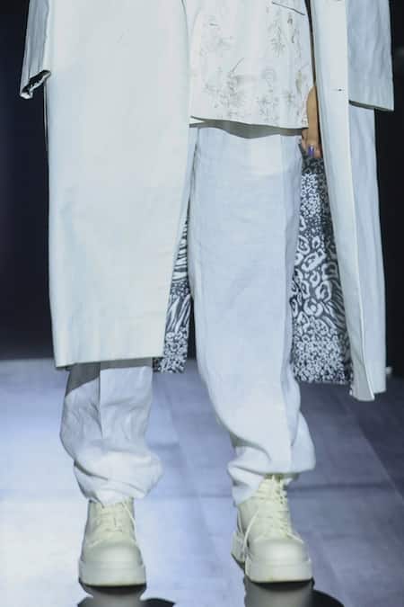 Rahul Singh_Black Linen Embroidery Botanical Overcoat Set _Online_at_Aza_Fashions