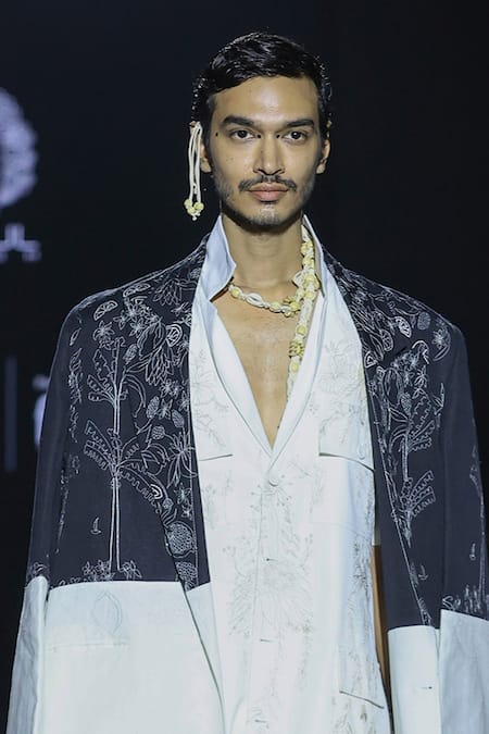 Buy_Rahul Singh_Black Linen Embroidery Botanical Overcoat Set _Online_at_Aza_Fashions